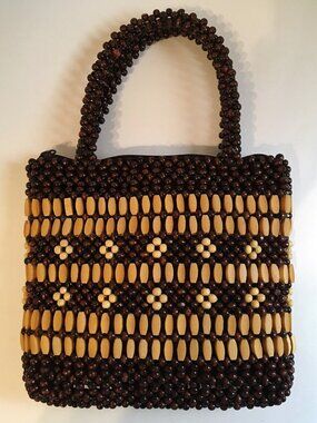 Wooden Beaded Purse Natural Brown Floral Fabric Lined Hand Bag Double Handles